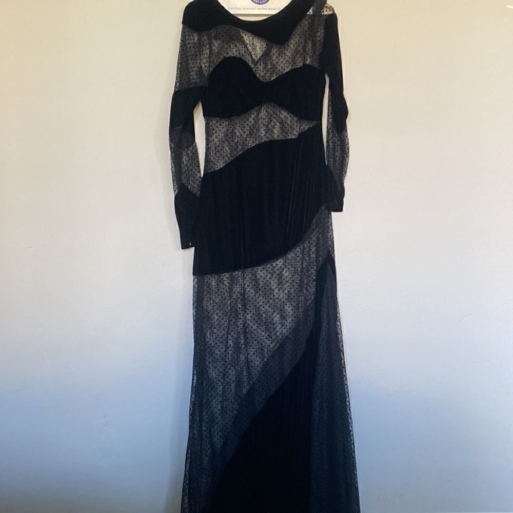 For Love & Lemons Carolyn Maxi Black Velvet Wavy Flocked Dot Lace Panel Dress - Picture 5 of 9